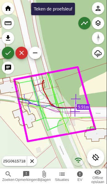 DiaFlow Mobile KLIC op een mobiel scherm: de graafzone en kabels op de kaart, met gereedschap om een proefsleuf te tekenen en te meten