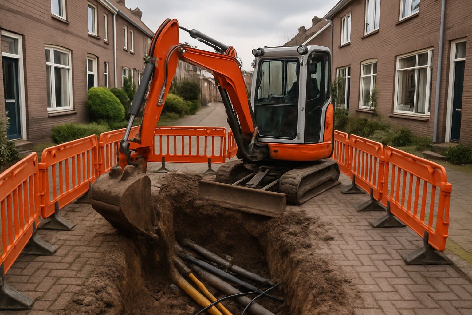 Graafmachine bij een open sleuf in een Nederlandse woonstraat, met blootliggende kabels en leidingen