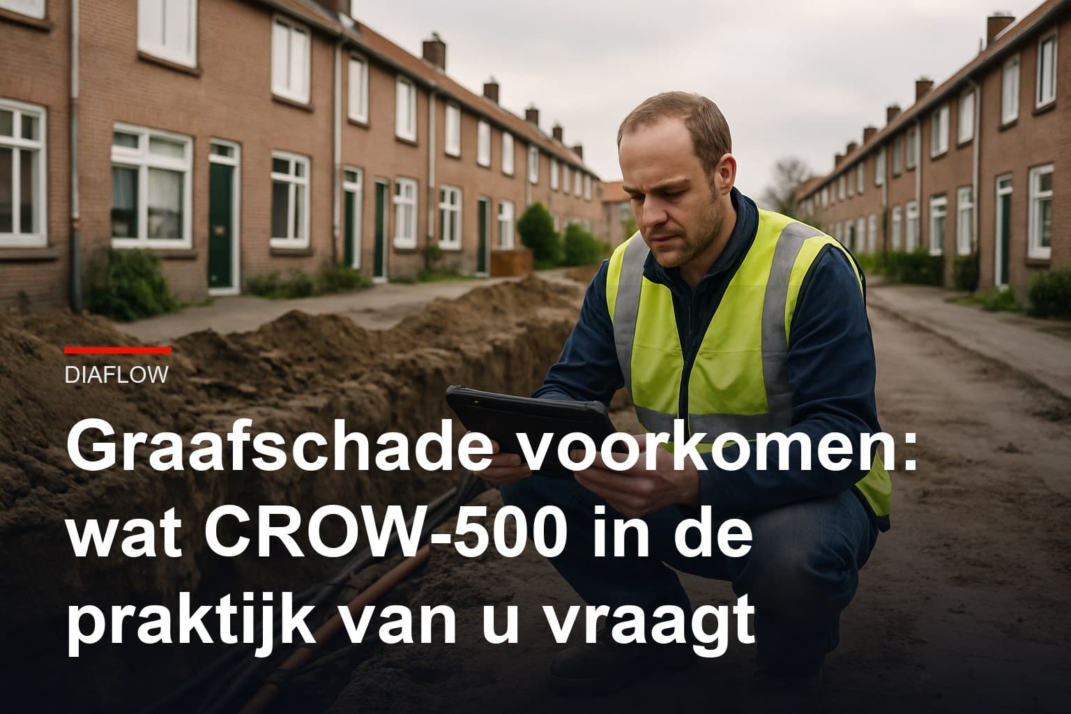 Monteur met tablet bij een open graafsleuf in een woonstraat