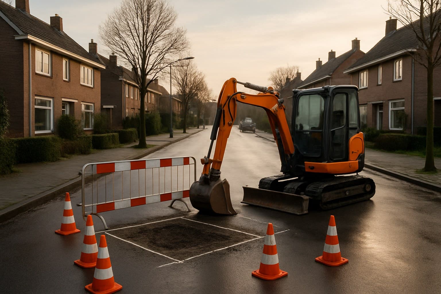 Compacte graafmachine staat klaar bij een afgezet graafvak in een Nederlandse woonstraat