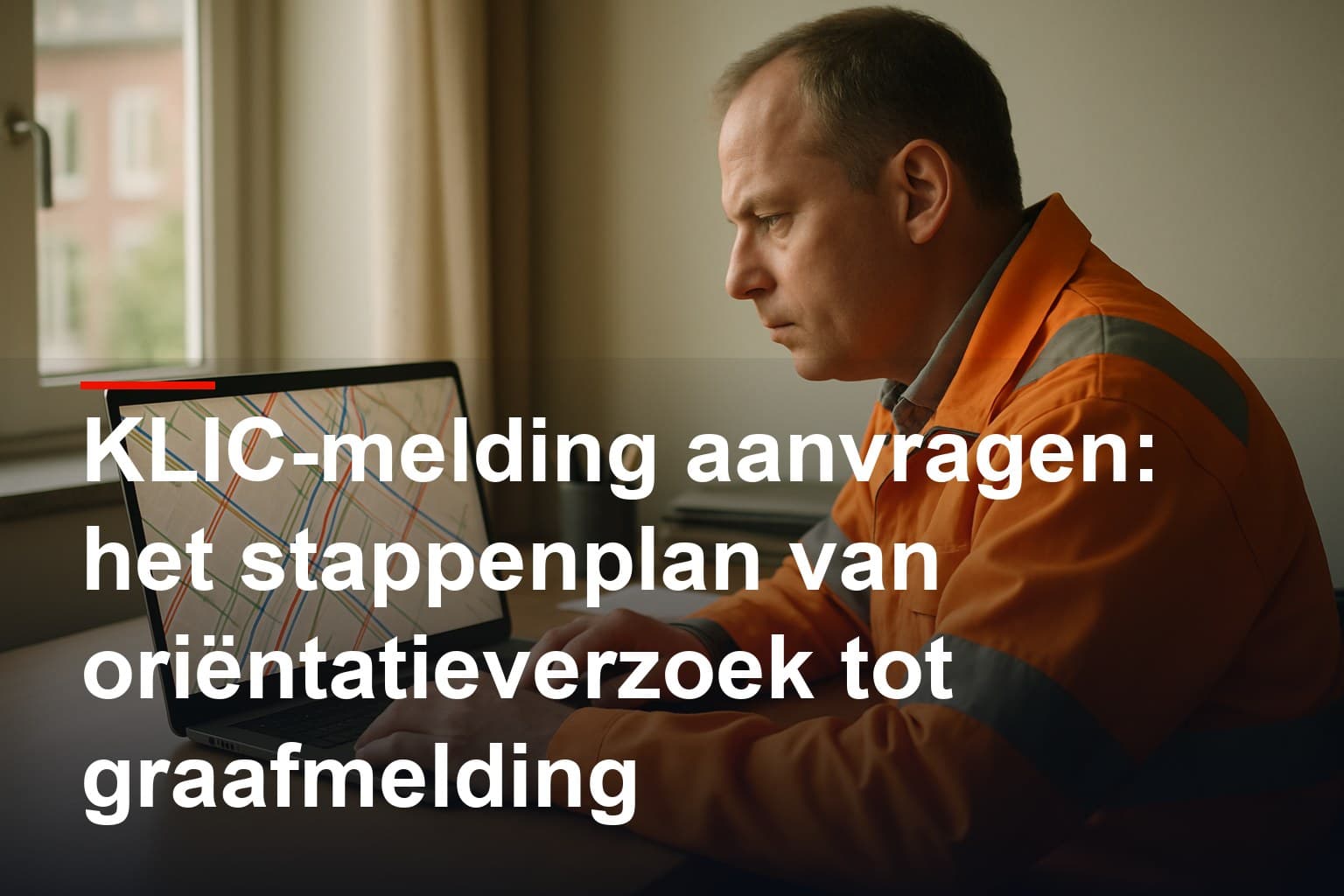 Werkvoorbereider vraagt op kantoor een KLIC-melding aan op een laptop met een kabel- en leidingkaart in beeld