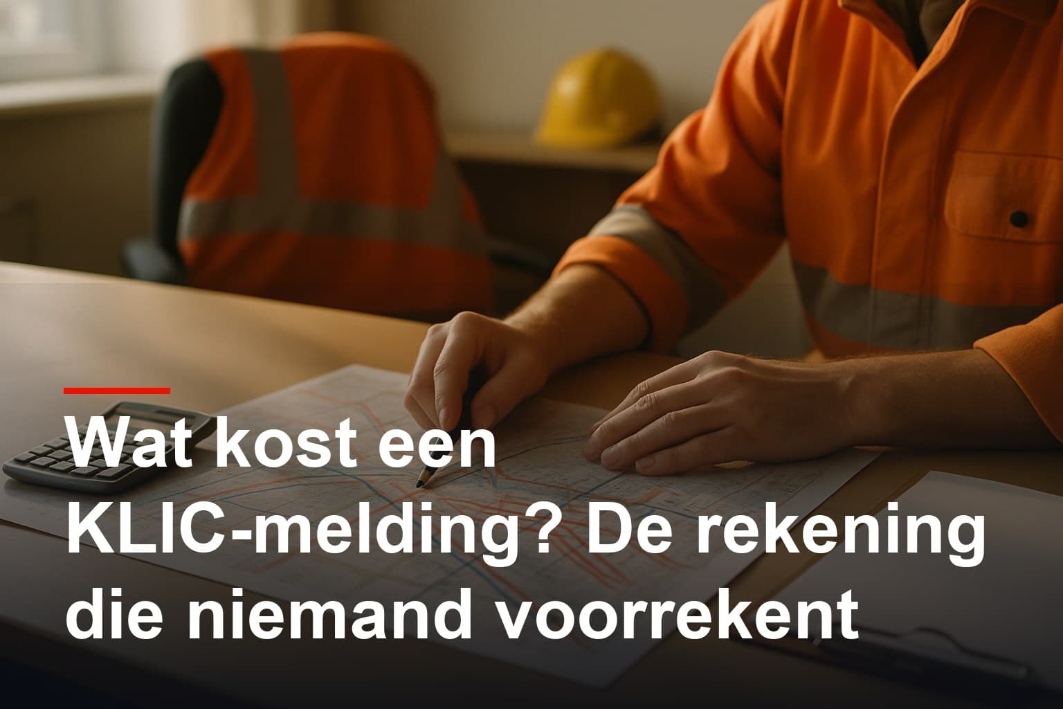 Werkvoorbereider in oranje werkjas rekent aan een bureau de kosten door, met een kabel- en leidingkaart en een rekenmachine voor zich