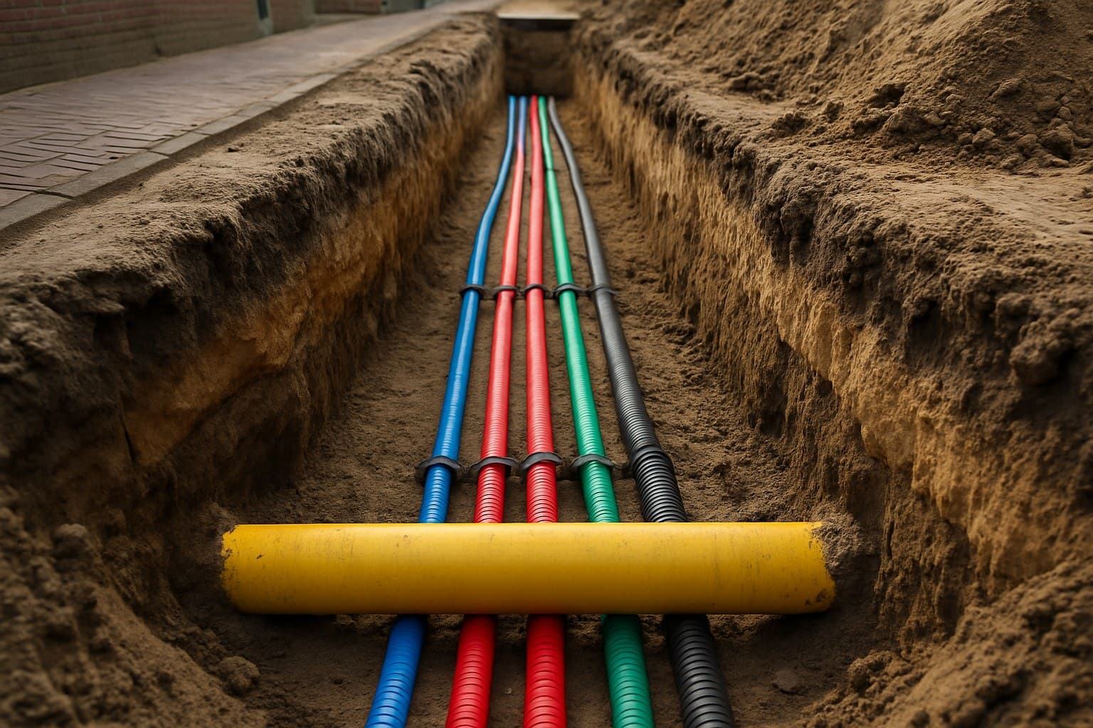 Open sleuf in een Nederlandse straat met blootliggende gekleurde kabels en een gele gasleiding