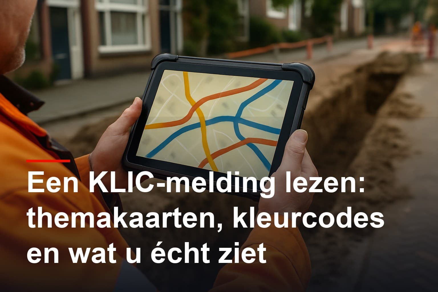 Monteur bekijkt op een tablet de KLIC-kaart met gekleurde kabels en leidingen bij een open sleuf