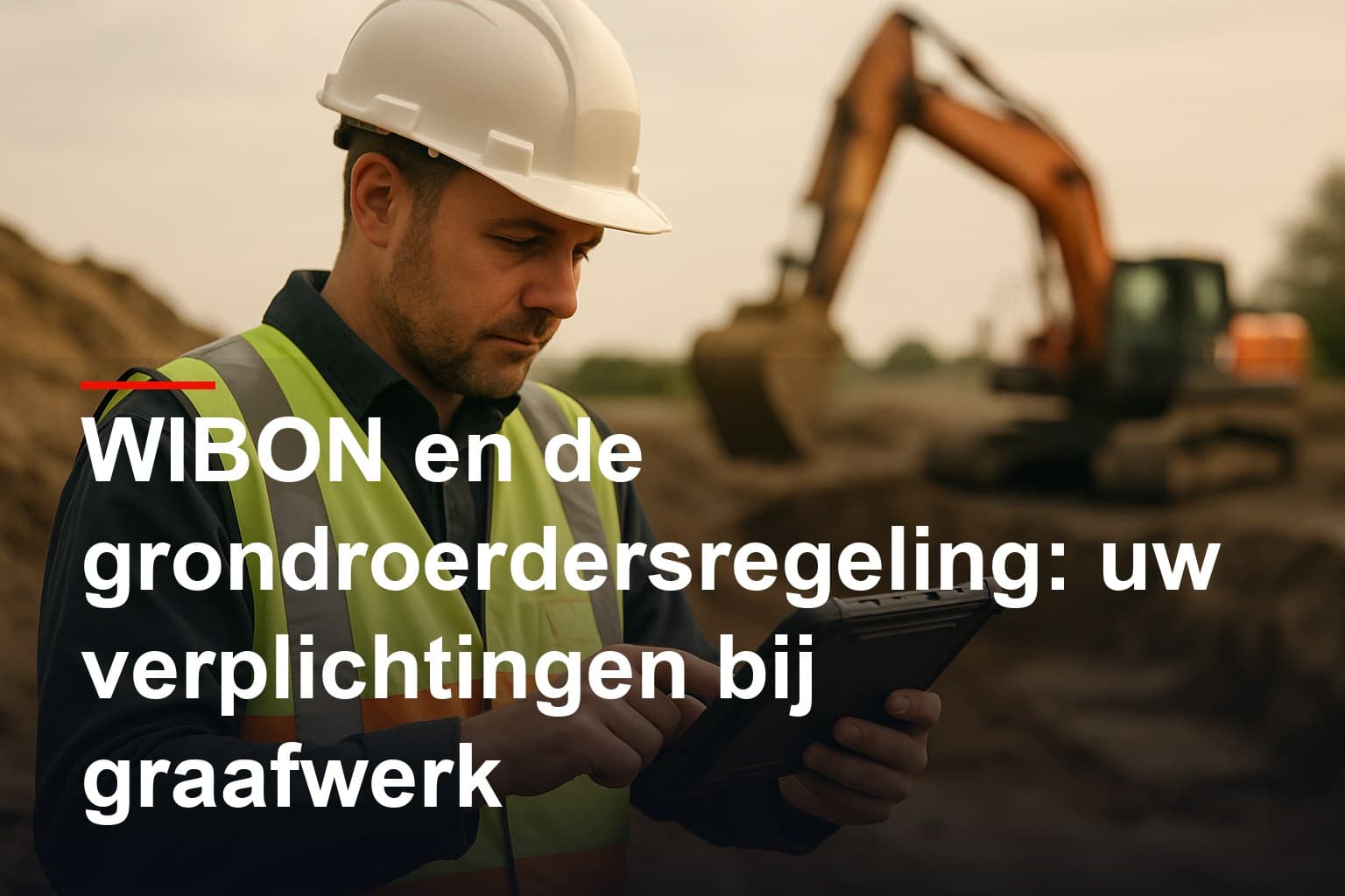 Grondroerder controleert de graaflocatie met kabel- en leidinginformatie op een tablet naast een graafmachine