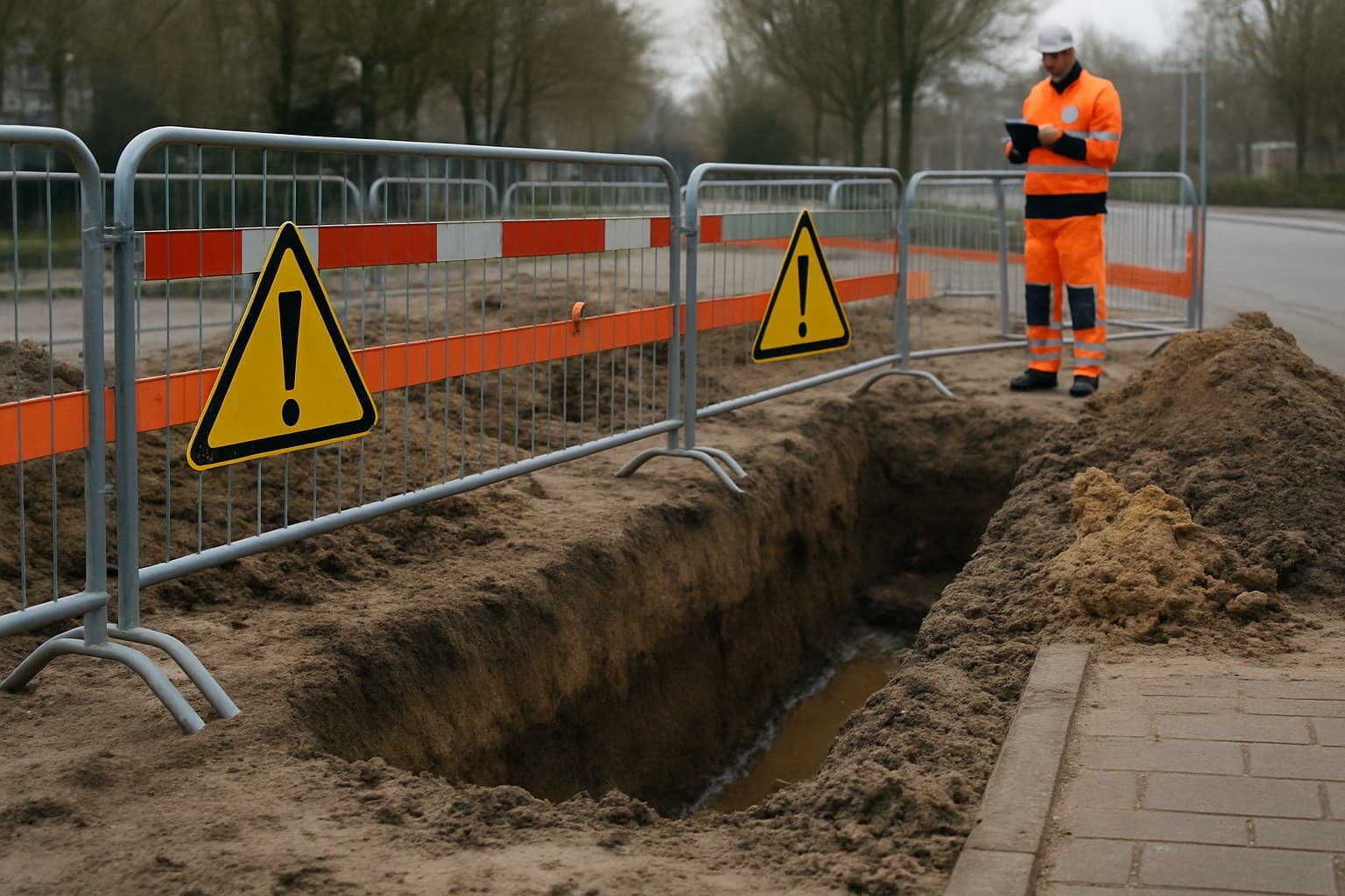 Afgezet graafterrein met hekwerk en waarschuwingssignalering rond een open sleuf
